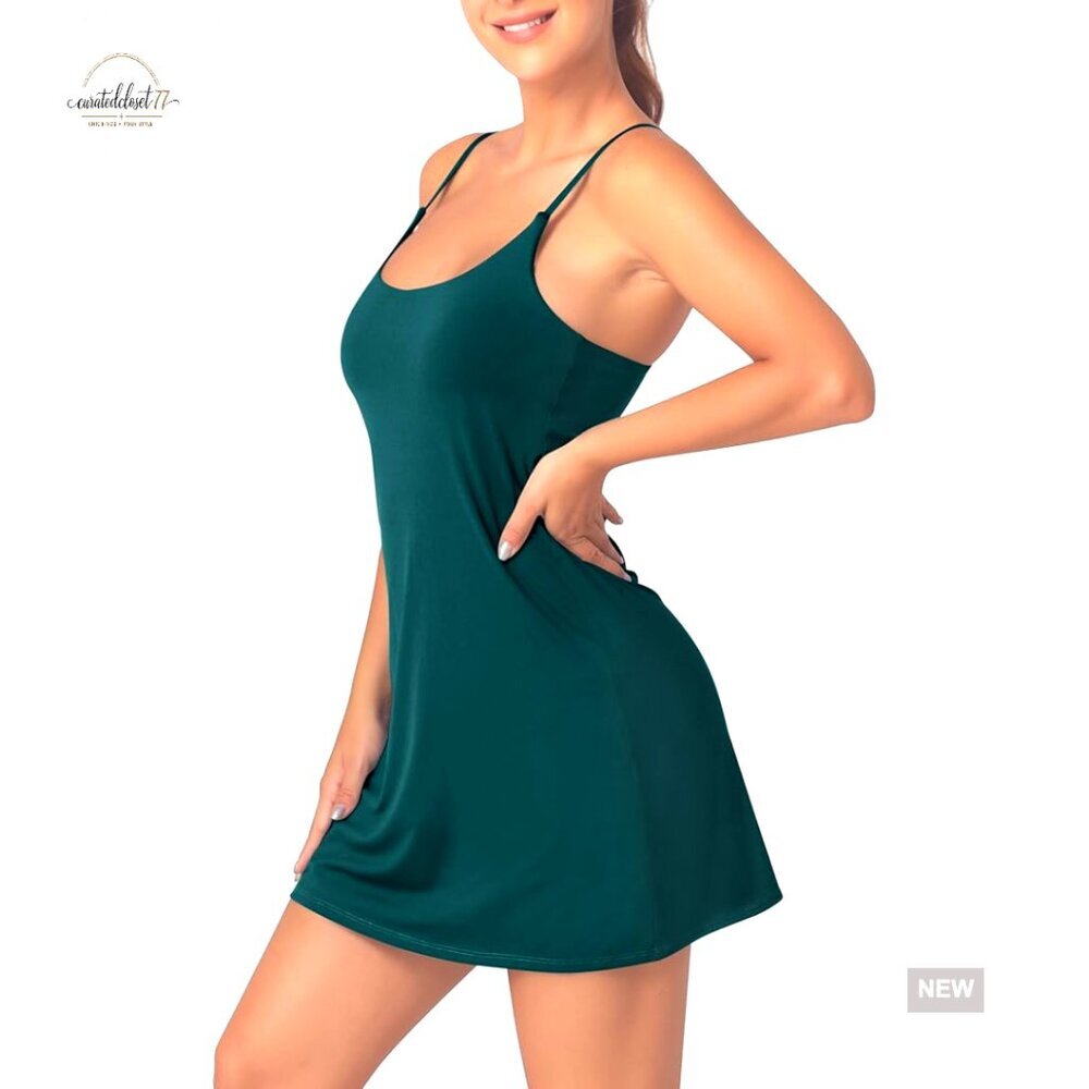 Athletic Dress with Built-in Bra & Shorts, Pockets, Adjustable Straps